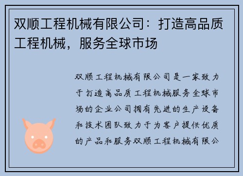 双顺工程机械有限公司：打造高品质工程机械，服务全球市场
