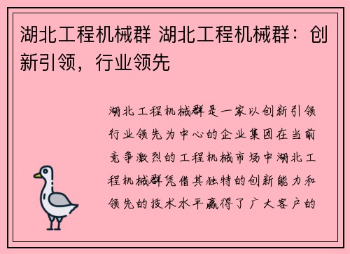 湖北工程机械群 湖北工程机械群：创新引领，行业领先